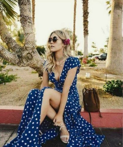 Robe longue moulante extensible à manches courtes et col en V pour femme