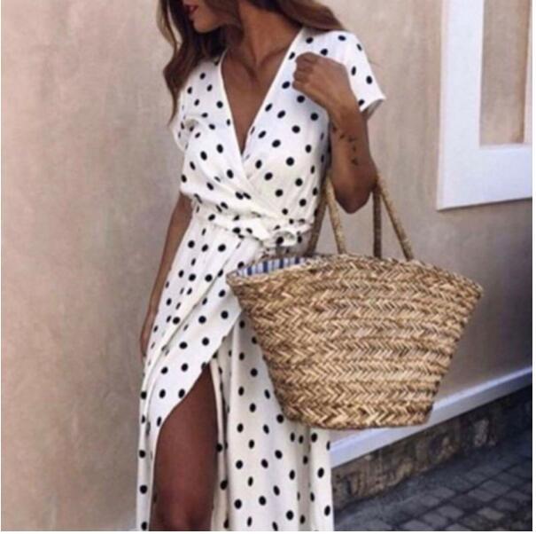 Robe longue moulante extensible à manches courtes et col en V pour femme