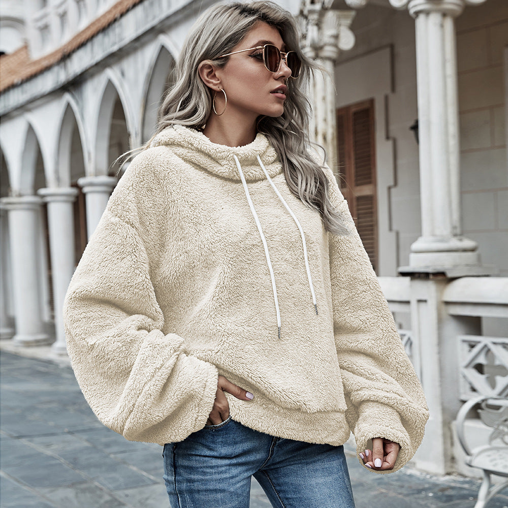 Pull ample à capuche en peluche de couleur unie pour femme