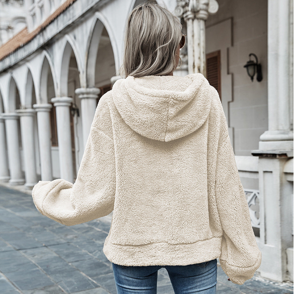 Pull ample à capuche en peluche de couleur unie pour femme