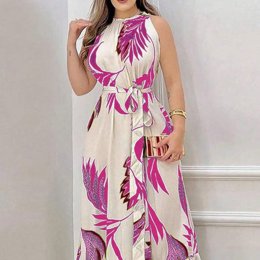 Robe longue sans manches à imprimé végétal pour femme, tenue décontractée de vacances