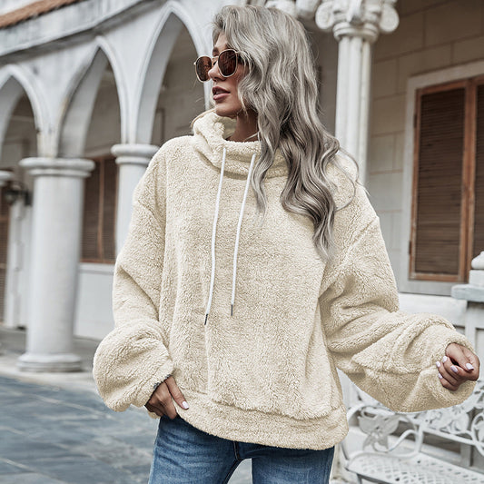Pull ample à capuche en peluche de couleur unie pour femme