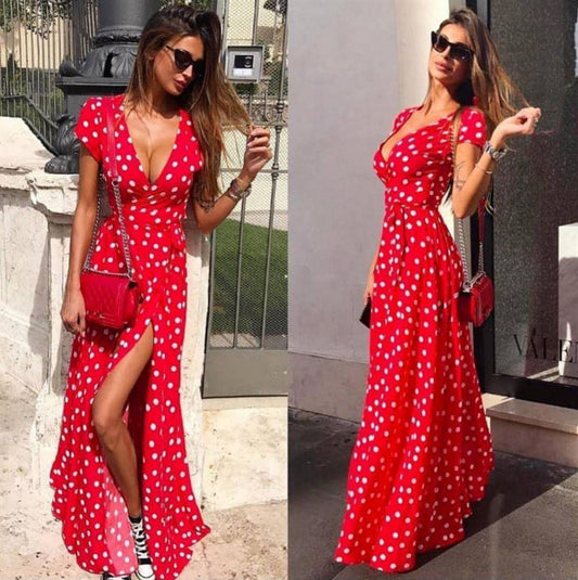 Robe longue moulante extensible à manches courtes et col en V pour femme