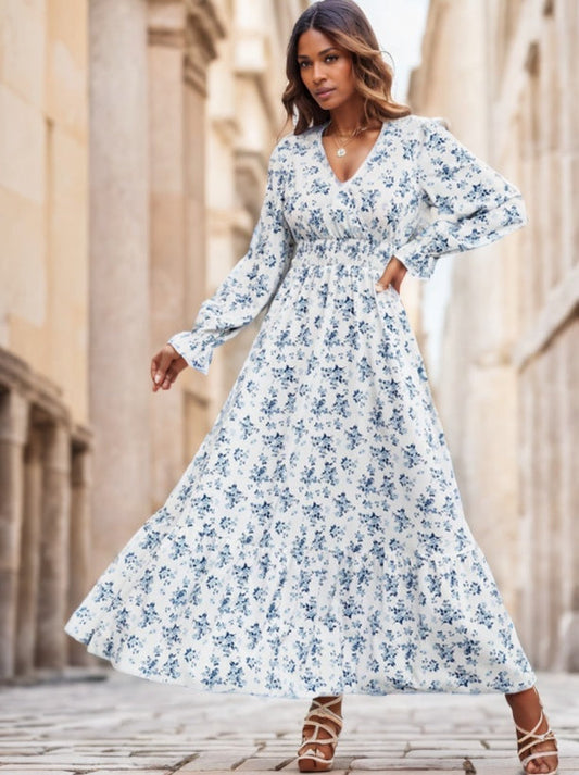 Robe longue froncée à imprimé floral et manches volantées pour femme
